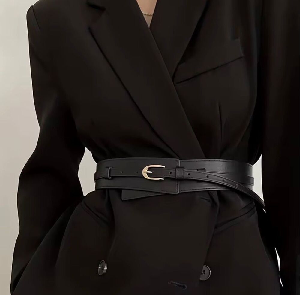 Italian Luxury Boutique Vegan Leather Double Layer Waist Belt Black NWOT